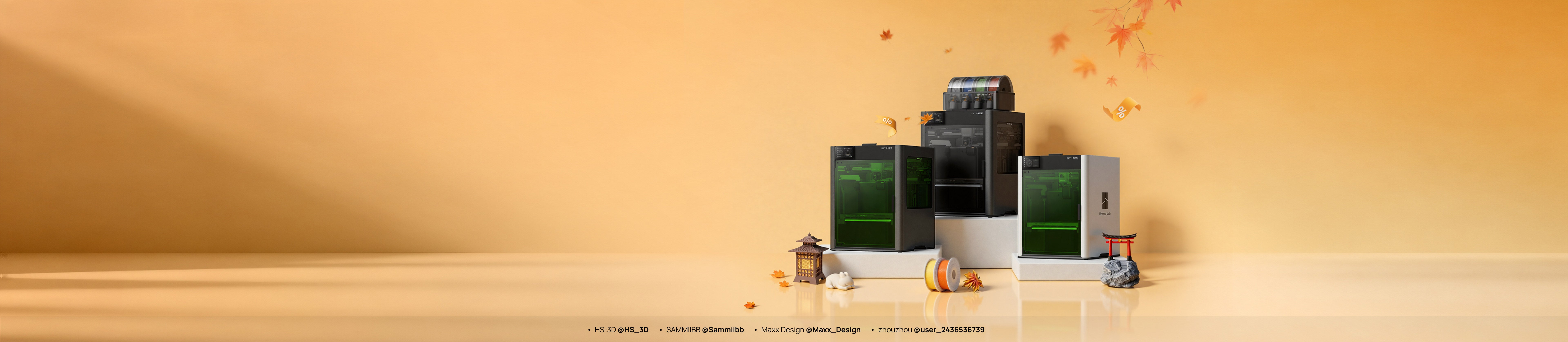 Bambu Lab printers and printed models on a golden sale display