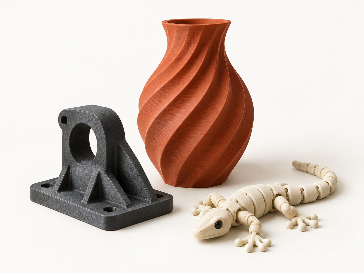 3D printed spiral vase, mechanical bracket and articulated gecko