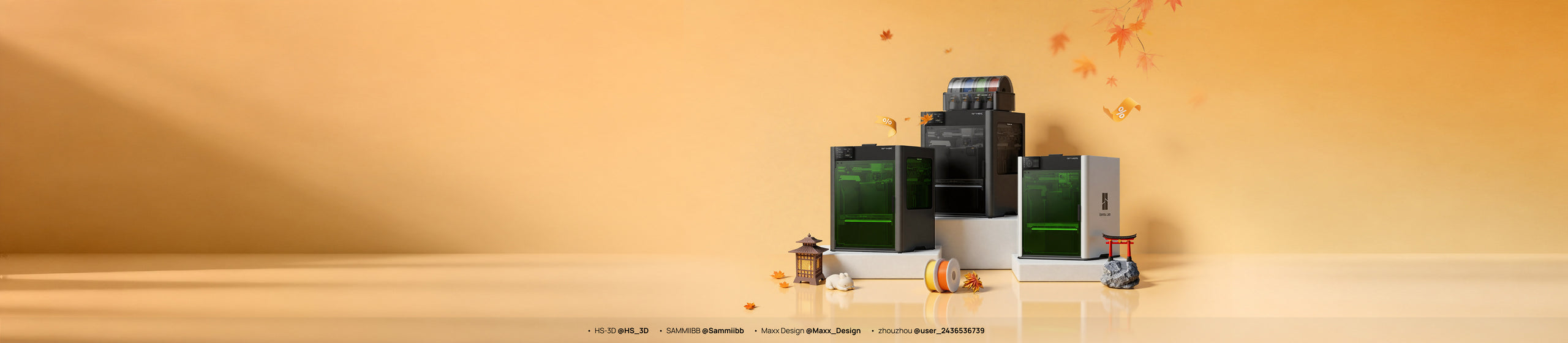Bambu Lab printers and printed models on a golden sale display